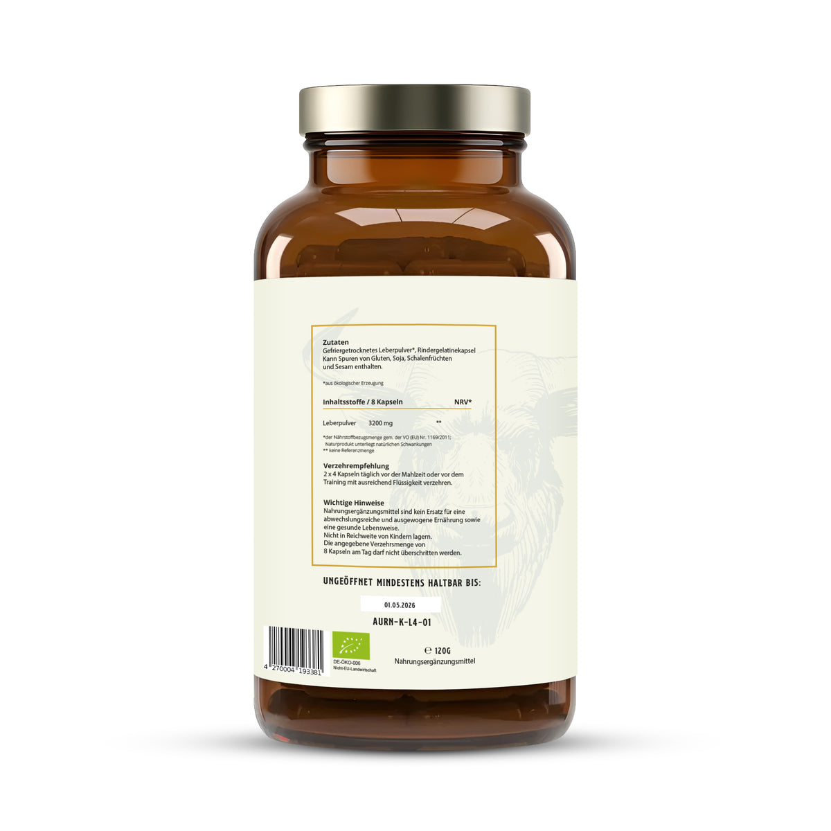 Rinderleber-Kapseln – LEBERSCHUSS, 240 Kapseln von AUR Naturals – Rückseite der Dose