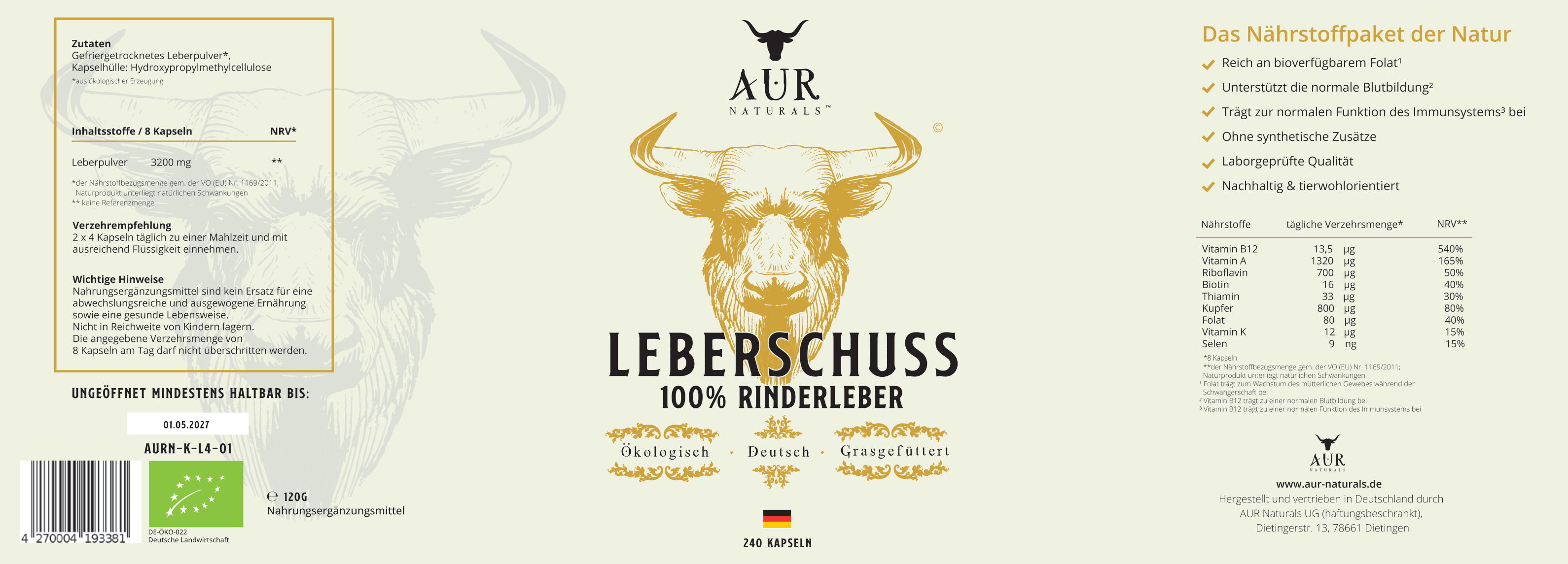 Rinderleber-Kapseln – LEBERSCHUSS, 240 Kapseln – Originaletikett