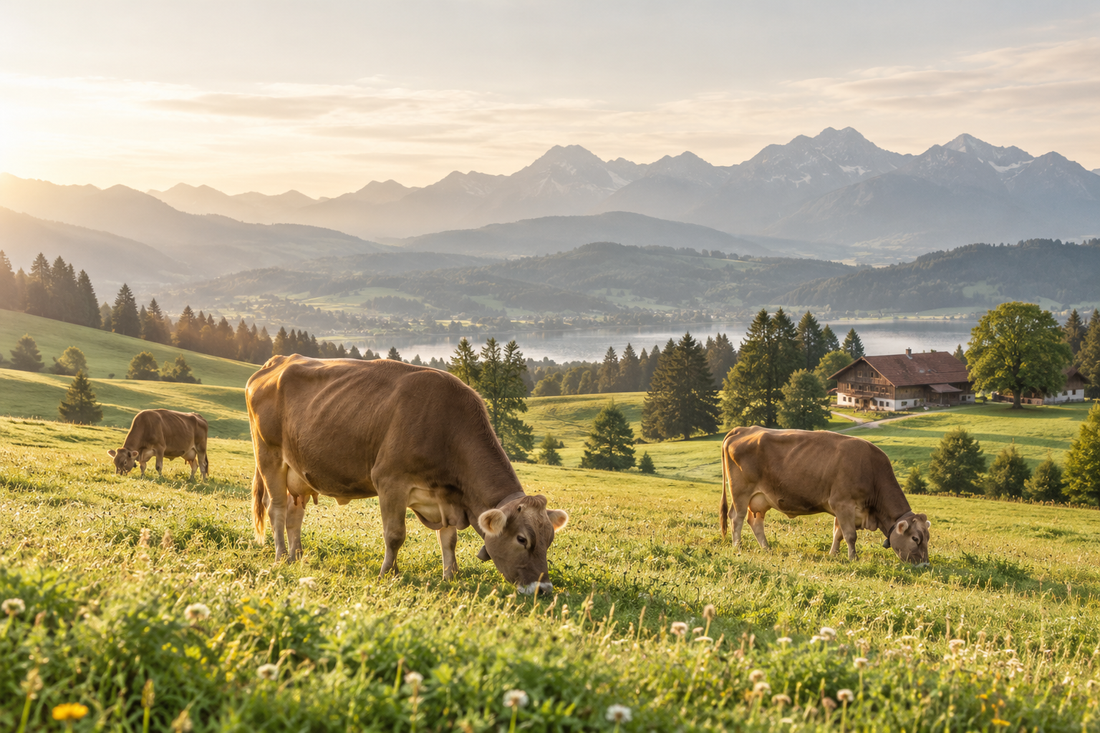 Illustratives Landschaftsmotiv: Rinder auf einer Weide im Alpenvorland.