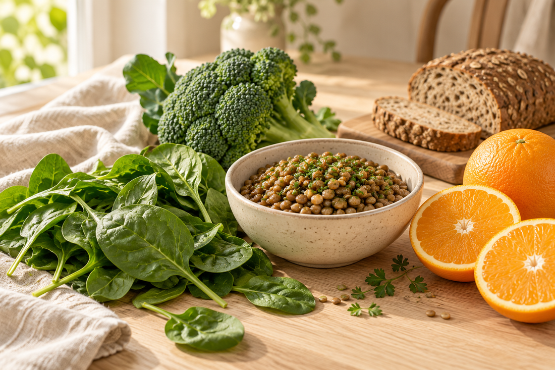 Illustratives Motiv: Spinat, Brokkoli, Linsen und Orange als Lebensmittel für eine abwechslungsreiche Ernährung.