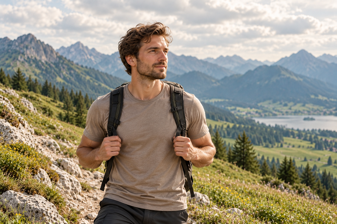 Illustratives Naturmotiv: Mann mit Rucksack auf einem alpinen Wanderweg