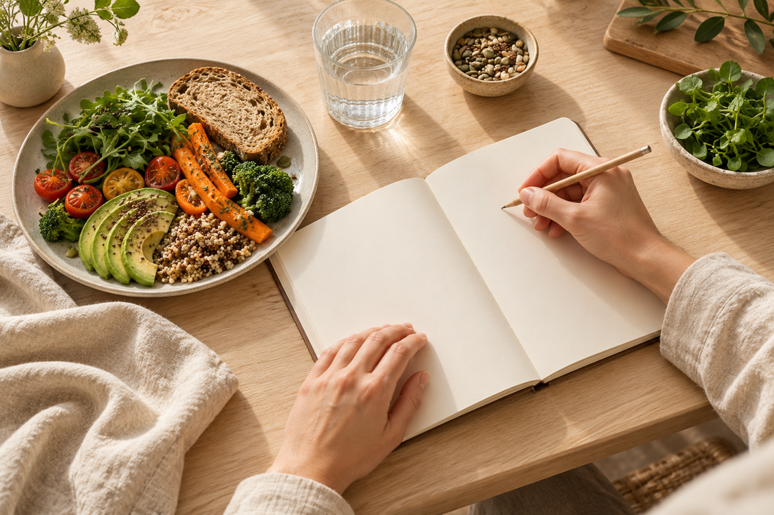 Illustratives Motiv: Notizbuch und Mahlzeit zur Planung der eigenen Ernährung.
