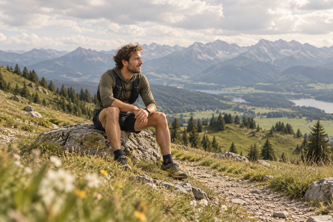 Illustratives Motiv: Läufer an einem Wanderweg mit Wiesen und Bergen.