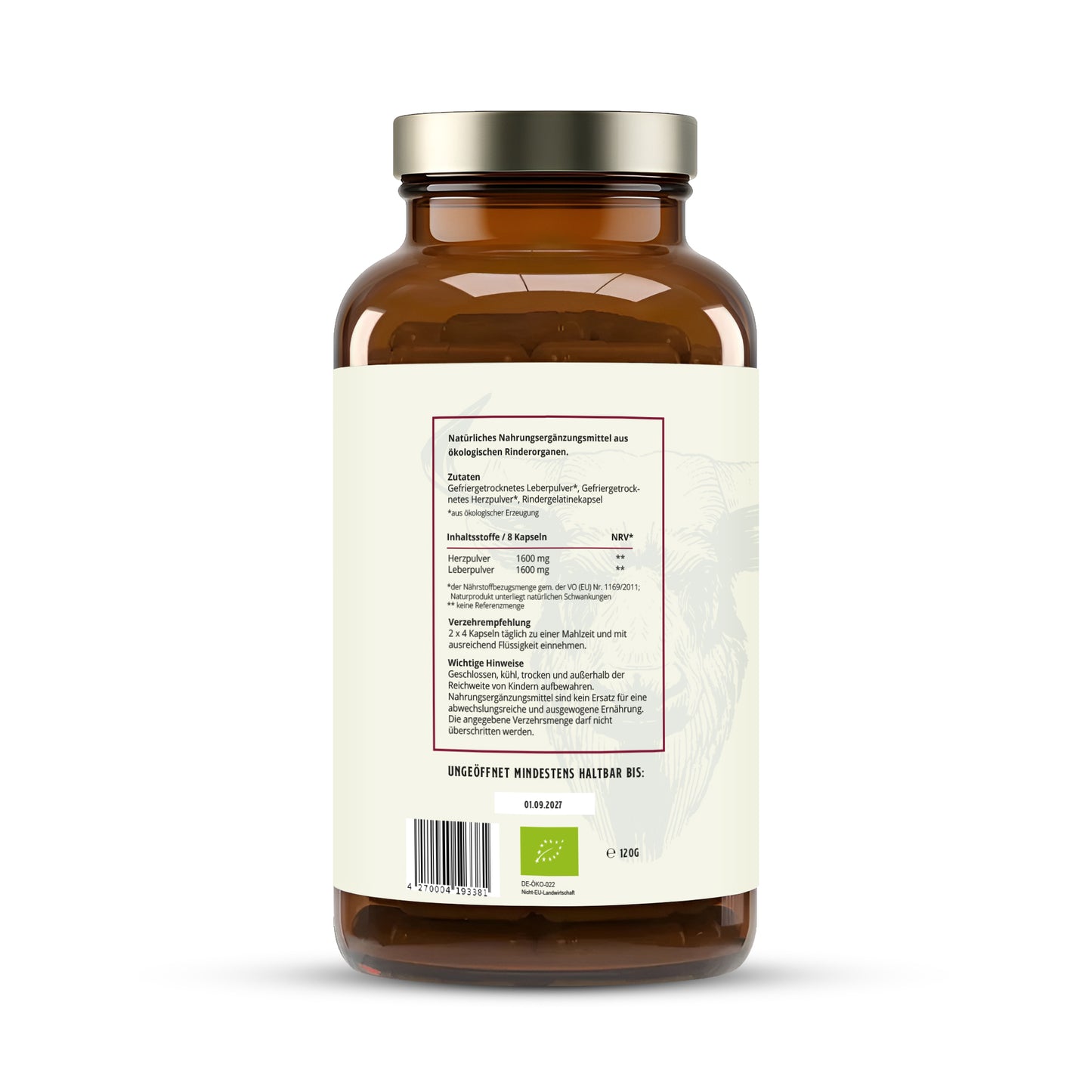 HERZBLUT BIO BEEF LIVER & BEEF HEART – Deutsche Rinderleber & Rinderherz für Sportler - Grasgefüttert aus ökologischer Haltung – Energie, Leistung, Blutbildung & Eisenstoffwechsel [240 Kapseln]