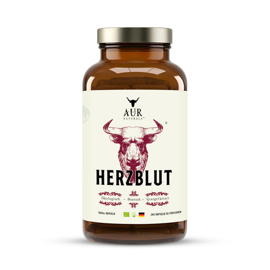 HERZBLUT BIO BEEF LIVER & BEEF HEART – Deutsche Rinderleber & Rinderherz für Sportler - Grasgefüttert aus ökologischer Haltung – Energie, Leistung, Blutbildung & Eisenstoffwechsel [240 Kapseln]