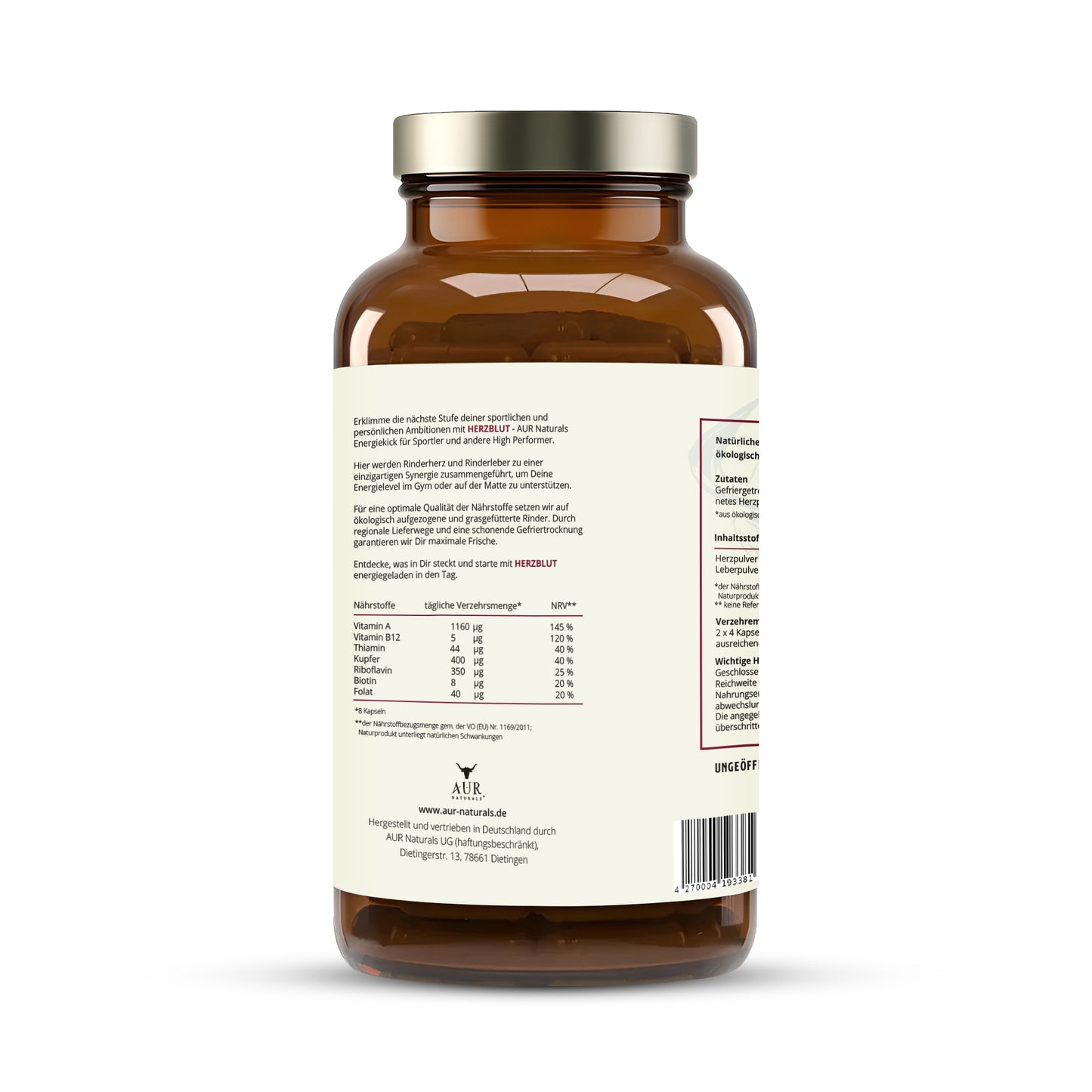 HERZBLUT BIO BEEF LIVER & BEEF HEART – Deutsche Rinderleber & Rinderherz für Sportler - Grasgefüttert aus ökologischer Haltung – Energie, Leistung, Blutbildung & Eisenstoffwechsel [240 Kapseln]