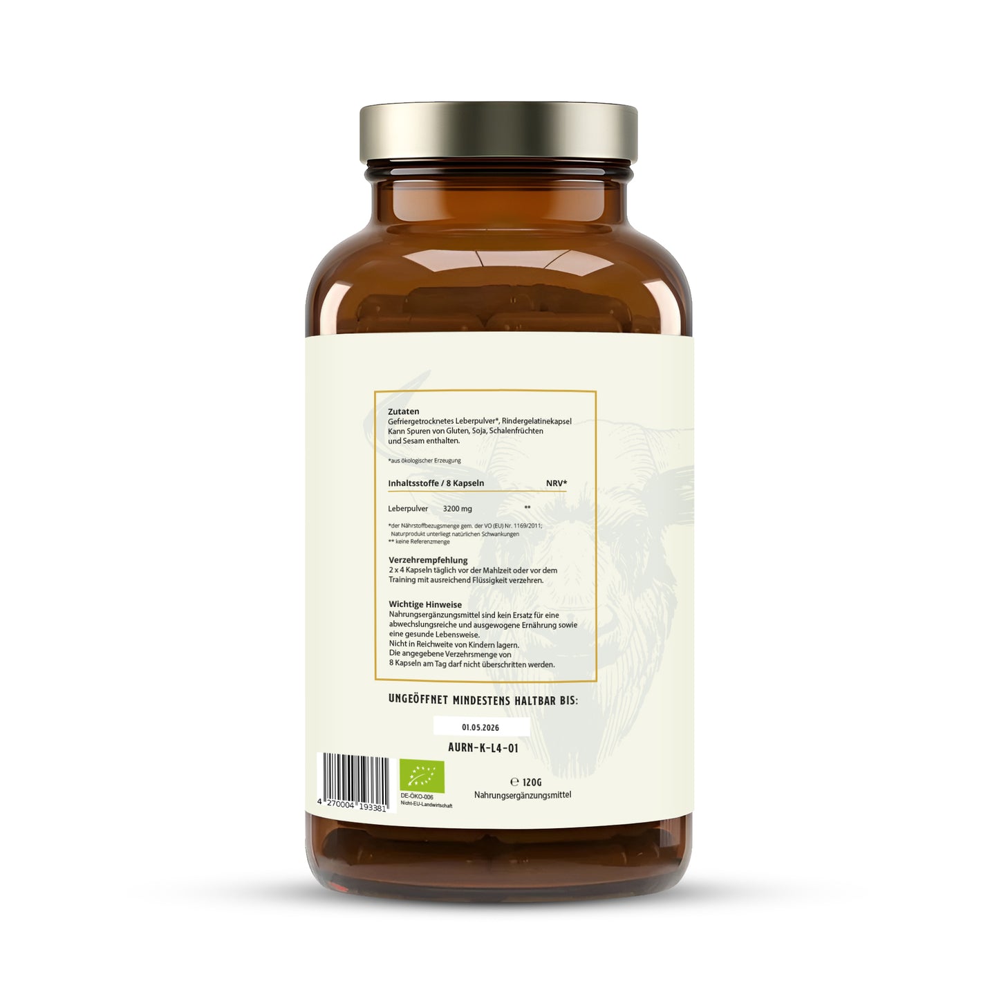 LEBERSCHUSS BIO BEEF LIVER KAPSELN – 100% Deutsche Rinderleber – Grasgefüttert aus ökologischer Weidehaltung – Natürliches Multivitamin mit Vitamin B12, A, Biotin, Riboflavin, Kupfer [240 Kapseln]