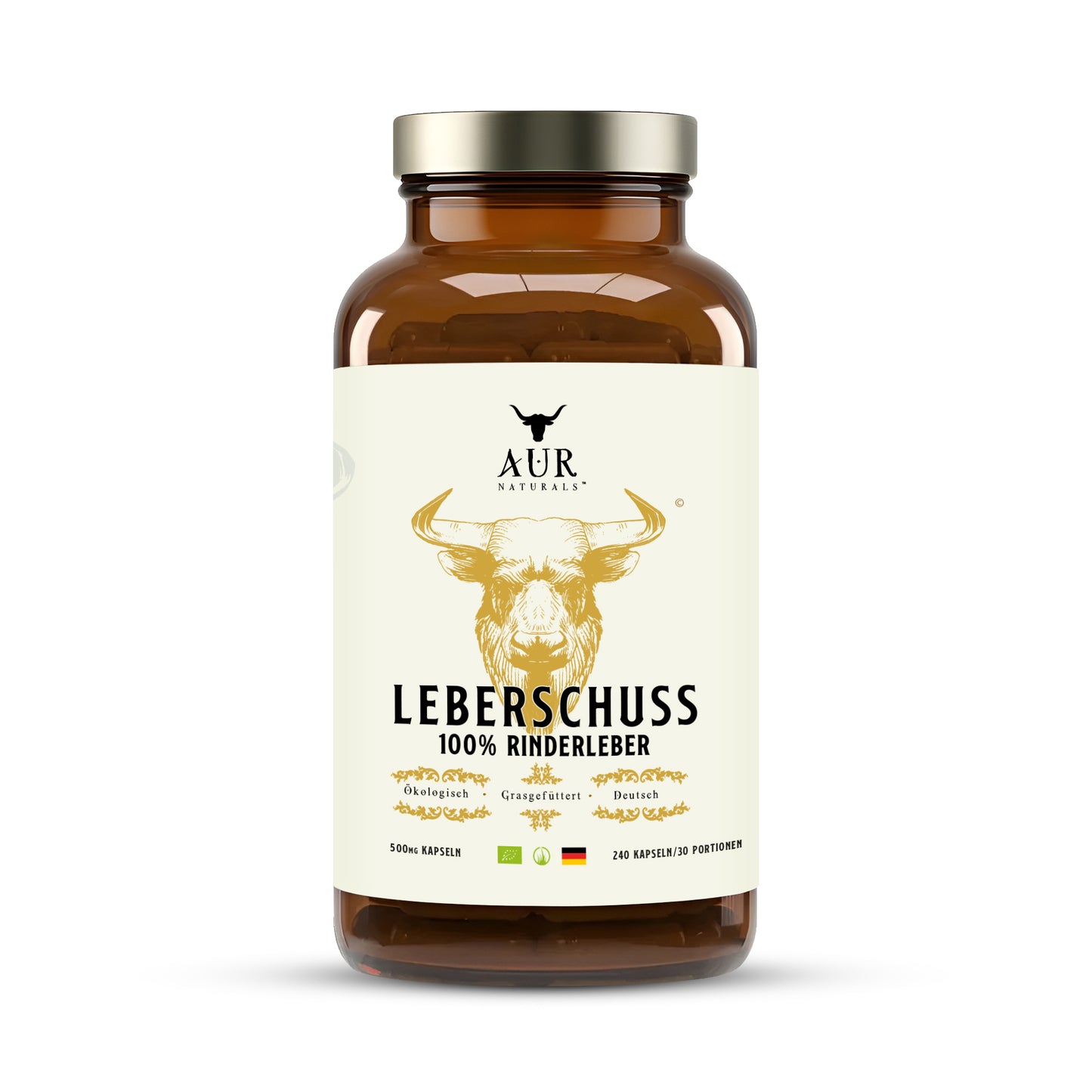 LEBERSCHUSS BIO BEEF LIVER KAPSELN – 100% Deutsche Rinderleber – Grasgefüttert aus ökologischer Weidehaltung – Natürliches Multivitamin mit Vitamin B12, A, Biotin, Riboflavin, Kupfer [240 Kapseln]
