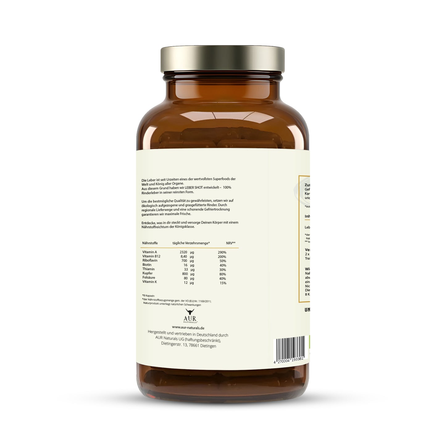 LEBERSCHUSS BIO BEEF LIVER KAPSELN – 100% Deutsche Rinderleber – Grasgefüttert aus ökologischer Weidehaltung – Natürliches Multivitamin mit Vitamin B12, A, Biotin, Riboflavin, Kupfer [240 Kapseln]