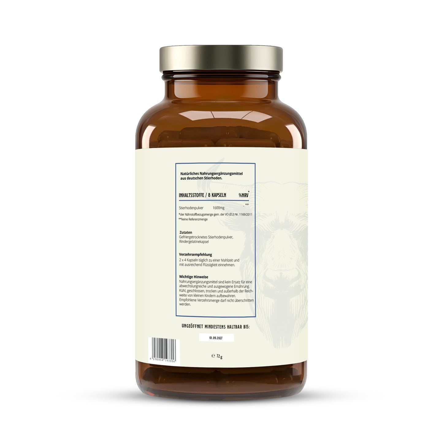 MÄNNERSACHE BEEF TESTICLES – 100% Deutsche Stierhoden Kapseln aus dem Allgäu – Male Performance Supplement mit natürlicher Stierkraft für aktive Männer [240 Kapseln]