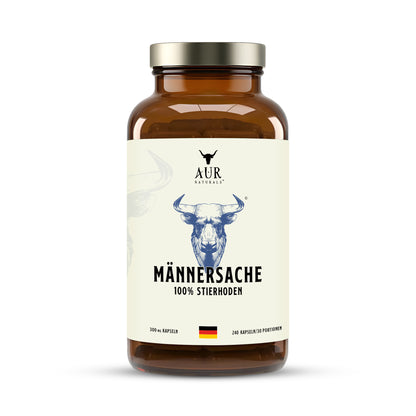 MÄNNERSACHE BEEF TESTICLES – 100% Deutsche Stierhoden Kapseln aus dem Allgäu – Male Performance Supplement mit natürlicher Stierkraft für aktive Männer [240 Kapseln]