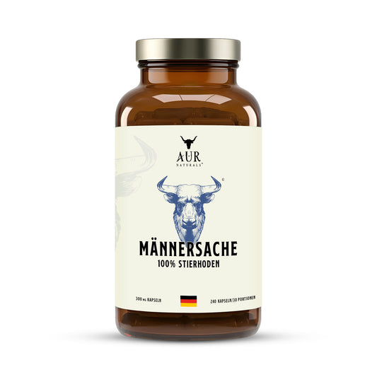 MÄNNERSACHE BEEF TESTICLES – 100% Deutsche Stierhoden Kapseln aus dem Allgäu – Male Performance Supplement mit natürlicher Stierkraft für aktive Männer [240 Kapseln]
