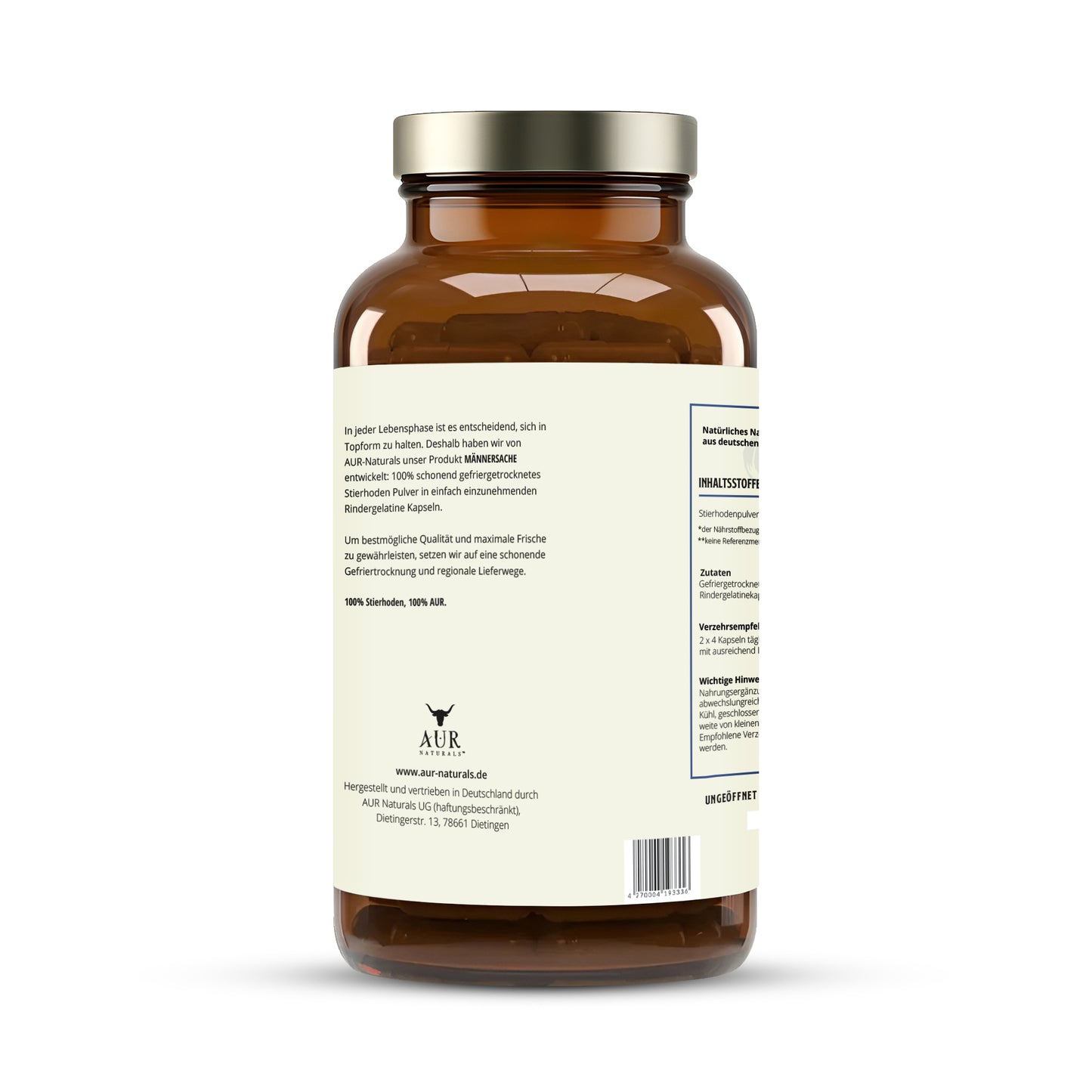 MÄNNERSACHE BEEF TESTICLES – 100% Deutsche Stierhoden Kapseln aus dem Allgäu – Male Performance Supplement mit natürlicher Stierkraft für aktive Männer [240 Kapseln]