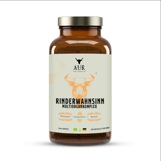 RINDERWAHNSINN BIO BEEF ORGANS KAPSELN – 100% Deutsche Rinderorgane aus ökologischer Weidehaltung – Natürliches Multivitamin für stillende Mütter und Schwangere  – Folat, Vitamin B12, A [200 Kapseln]