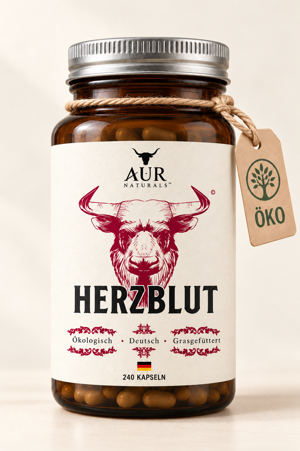 HERZBLUT – Rinderleber & Rinderherz Kapseln aus ökologischer Haltung im Allgäu – Schonend gefriergetrocknet – Ohne Füllstoffe – Made in Germany [240 Kapseln] – Vorderseite