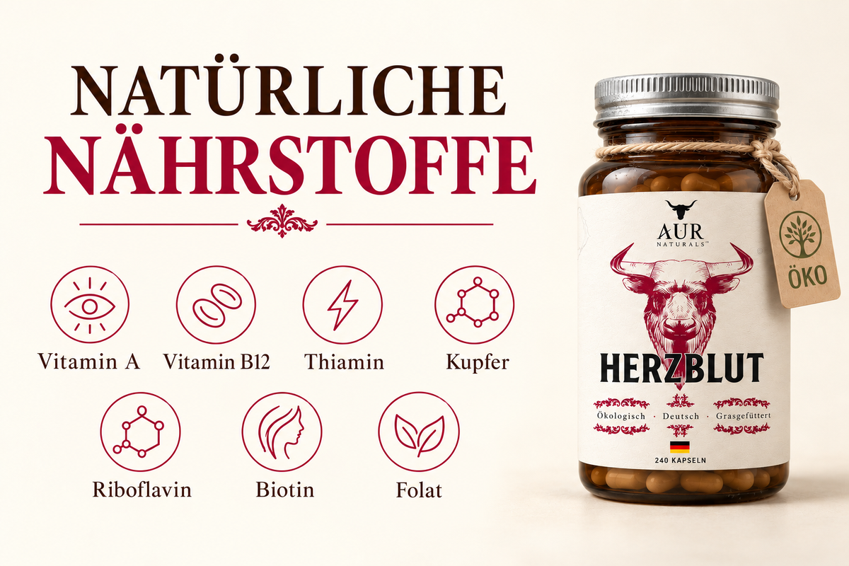 HERZBLUT – Rinderleber & Rinderherz Kapseln aus ökologischer Haltung im Allgäu – Schonend gefriergetrocknet – Ohne Füllstoffe – Made in Germany [240 Kapseln] – Produktgrafik