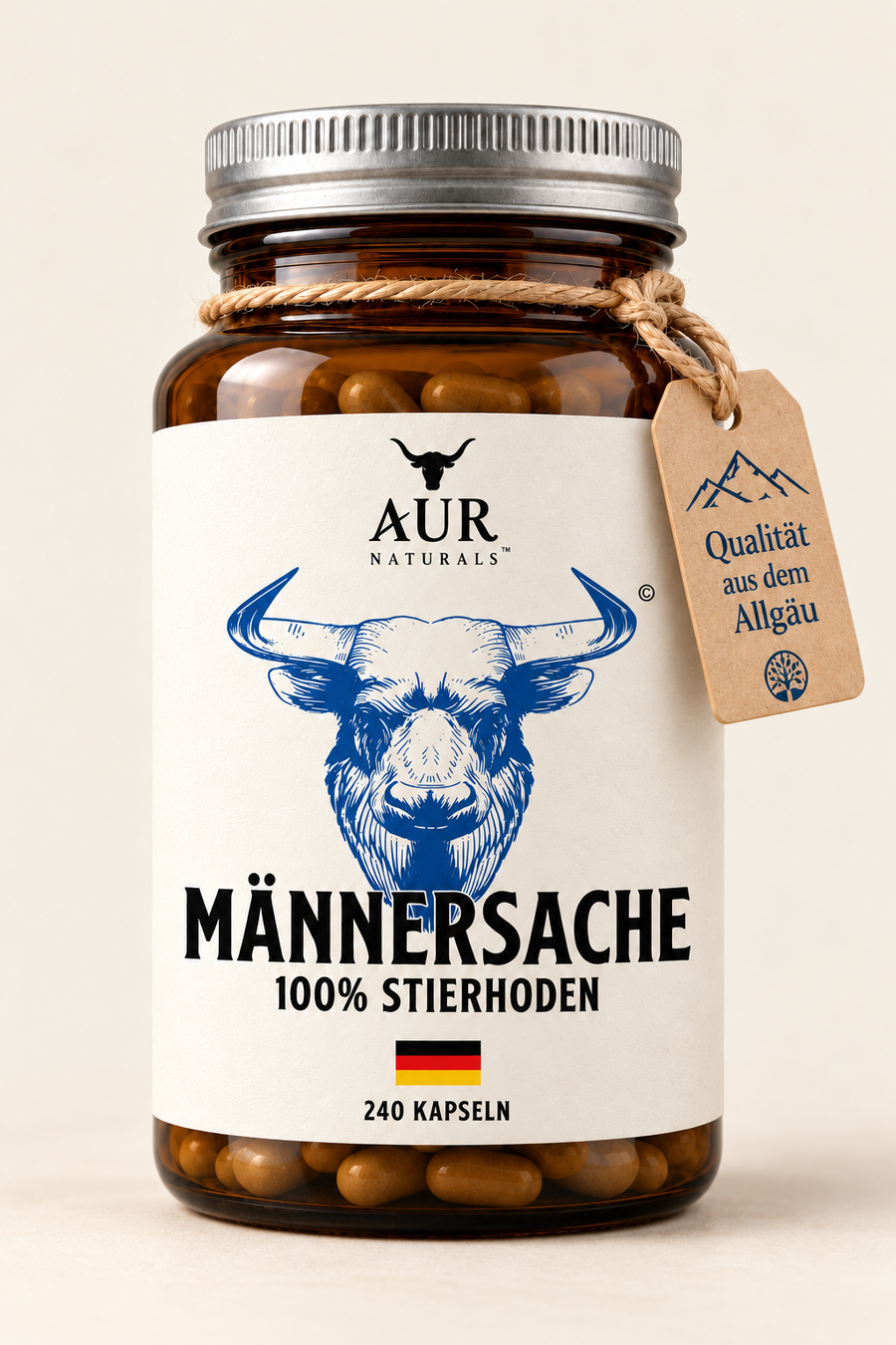 MÄNNERSACHE BEEF TESTICLES – 100% Deutsche Stierhoden Kapseln aus dem Allgäu – Male Performance Supplement mit natürlicher Stierkraft für aktive Männer [240 Kapseln]