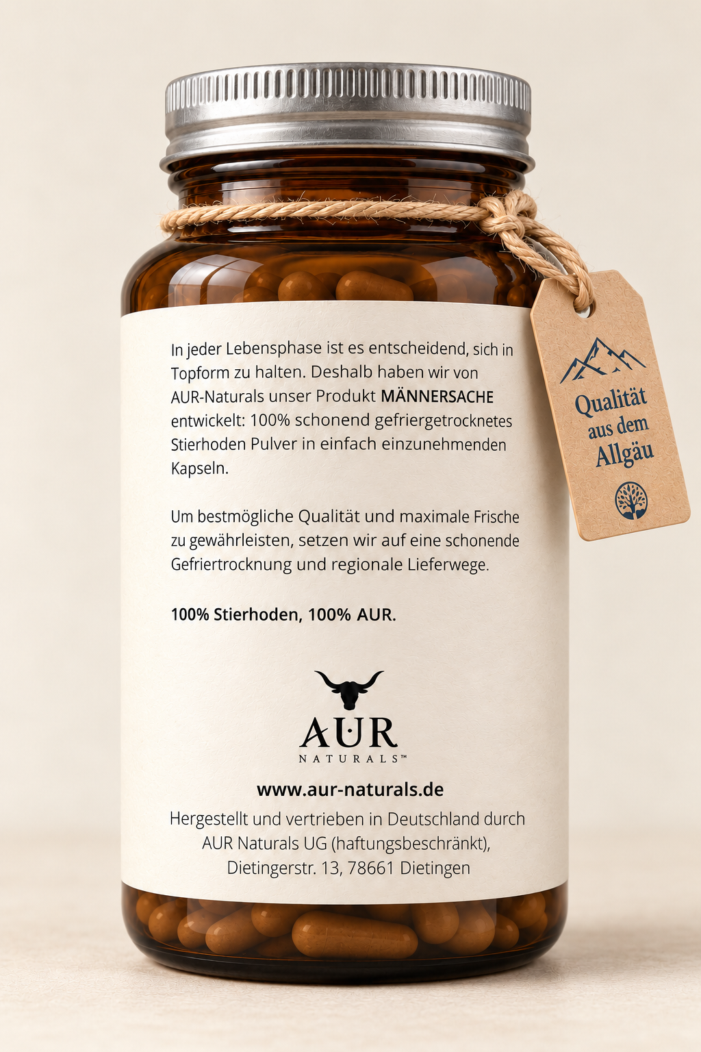 MÄNNERSACHE BEEF TESTICLES – 100% Deutsche Stierhoden Kapseln aus dem Allgäu – Male Performance Supplement mit natürlicher Stierkraft für aktive Männer [240 Kapseln] – Seitenansicht