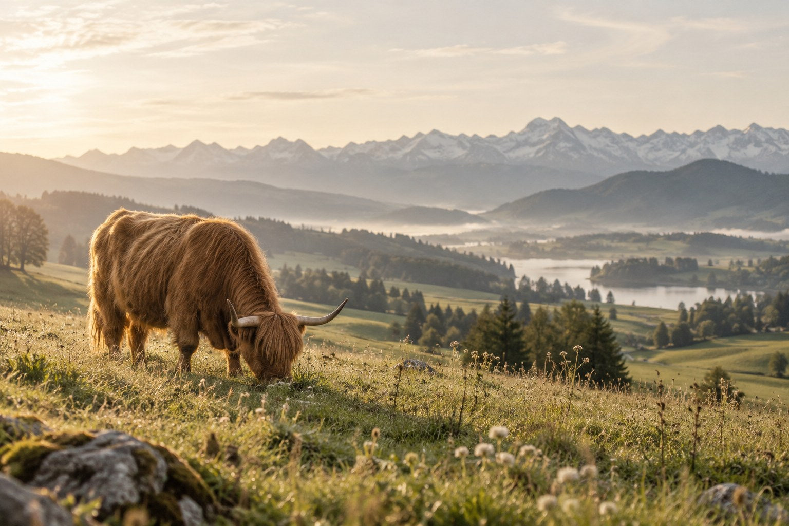 Illustratives Landschaftsbild: Hochlandrind auf einer alpinen Weide.