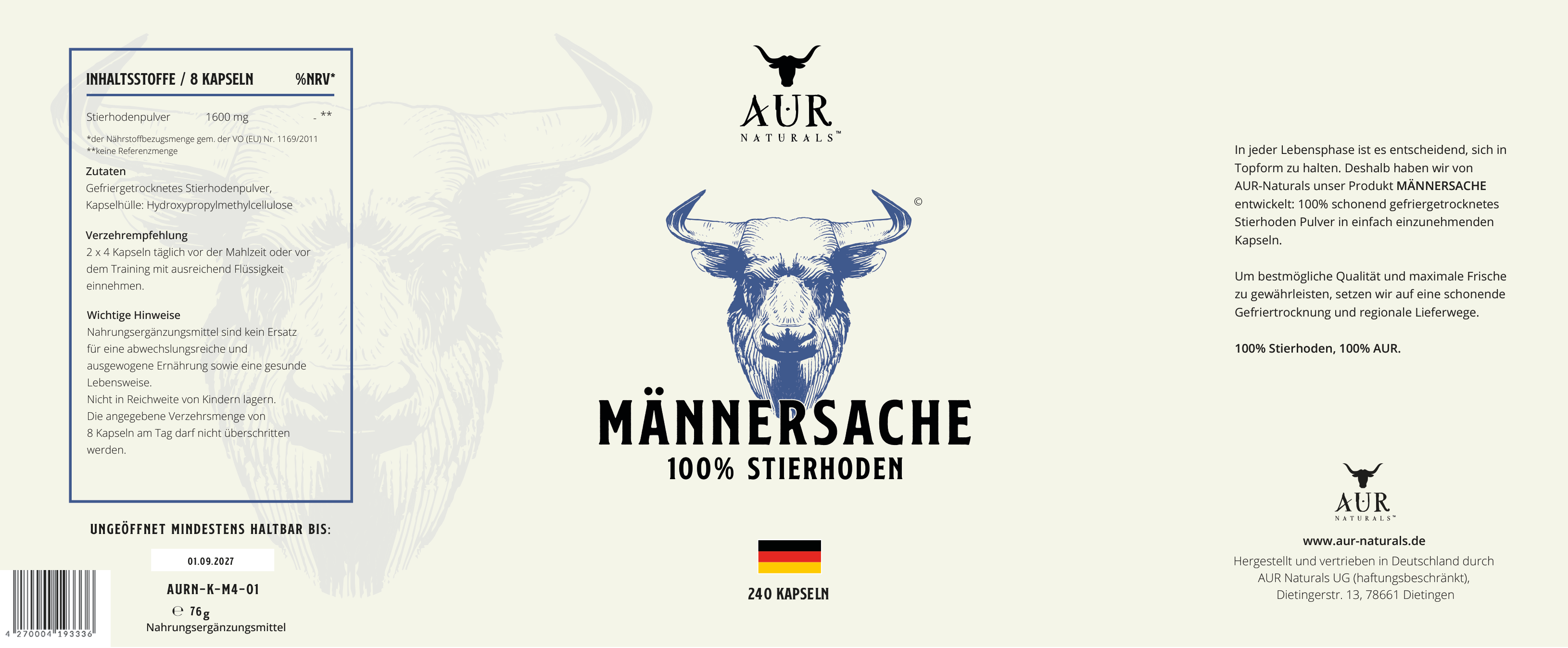 MÄNNERSACHE BEEF TESTICLES – 100% Deutsche Stierhoden Kapseln aus dem Allgäu – Male Performance Supplement mit natürlicher Stierkraft für aktive Männer [240 Kapseln] – Originaletikett